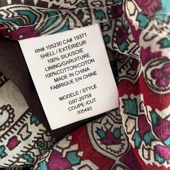 JOIE Womens 100% Silk Blouse Tunic L Colorful Printed V-Neck Sheer Boho Peasant - Picture 7 of 8